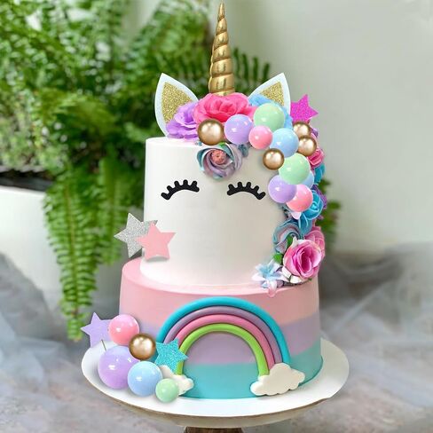 38 PCS Unicorn Cake Topper, Unicorn Flower Cake Decorations with Flowers Balls Stars Unicorn Happy Birthday Cake Decorations for Boys Girls Kids Birthday Party Baby Shower Supplies (Flower) in Saudi Arabia