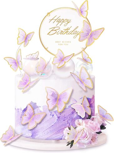 10-Pieces Purple Gold Butterfly Cake Toppers Happy Birthday 1-Metal Gold Birthday Cake Butterfly Party Decorations in Saudi Arabia