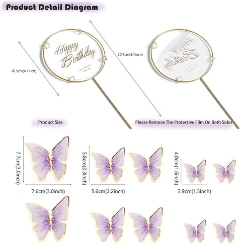 10-Pieces Purple Gold Butterfly Cake Toppers Happy Birthday 1-Metal Gold Birthday Cake Butterfly Party Decorations in Saudi Arabia