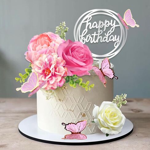 14 PCS Flower Cake Toppers Butterfly Cake Decorations Happy Birthday Cake Toppers with Artificial Pink Rose Flowers Eucalyptus Butterflies for Girls Birthday Party Wedding Baby Shower Supplies (Pink) in Saudi Arabia