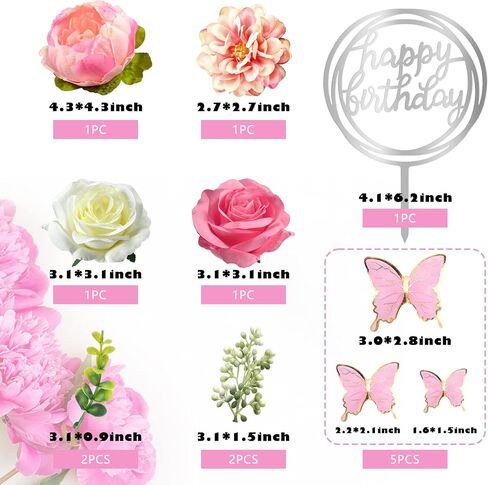 14 PCS Flower Cake Toppers Butterfly Cake Decorations Happy Birthday Cake Toppers with Artificial Pink Rose Flowers Eucalyptus Butterflies for Girls Birthday Party Wedding Baby Shower Supplies (Pink) in Saudi Arabia