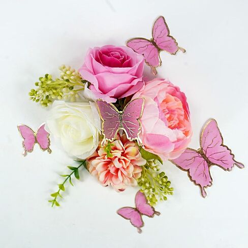 14 PCS Flower Cake Toppers Butterfly Cake Decorations Happy Birthday Cake Toppers with Artificial Pink Rose Flowers Eucalyptus Butterflies for Girls Birthday Party Wedding Baby Shower Supplies (Pink) in Saudi Arabia