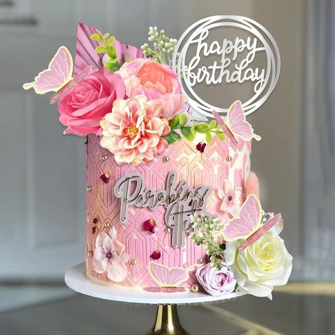 14 PCS Flower Cake Toppers Butterfly Cake Decorations Happy Birthday Cake Toppers with Artificial Pink Rose Flowers Eucalyptus Butterflies for Girls Birthday Party Wedding Baby Shower Supplies (Pink) in Saudi Arabia