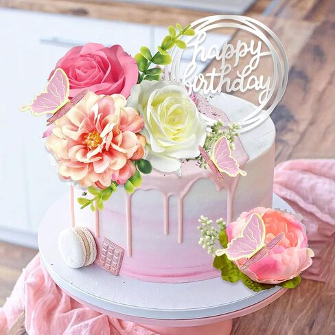 14 PCS Flower Cake Toppers Butterfly Cake Decorations Happy Birthday Cake Toppers with Artificial Pink Rose Flowers Eucalyptus Butterflies for Girls Birthday Party Wedding Baby Shower Supplies (Pink) in Saudi Arabia