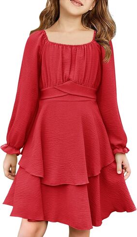 Haloumoning Girls Fall Dress Long Sleeve Off Shoulder Puff Sleeve Ruffle Tiered Layer Party Dresses 7-14 Years in Saudi Arabia