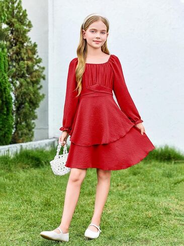 Haloumoning Girls Fall Dress Long Sleeve Off Shoulder Puff Sleeve Ruffle Tiered Layer Party Dresses 7-14 Years in Saudi Arabia