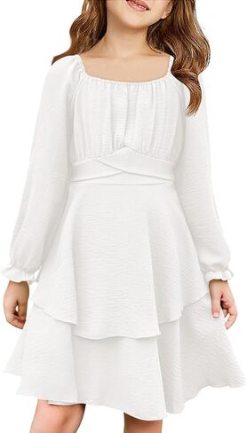 Haloumoning Girls Fall Dress Long Sleeve Off Shoulder Puff Sleeve Ruffle Tiered Layer Party Dresses 7-14 Years in Saudi Arabia