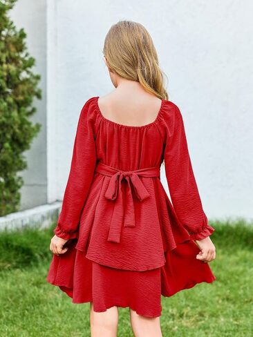 Haloumoning Girls Fall Dress Long Sleeve Off Shoulder Puff Sleeve Ruffle Tiered Layer Party Dresses 7-14 Years in Saudi Arabia