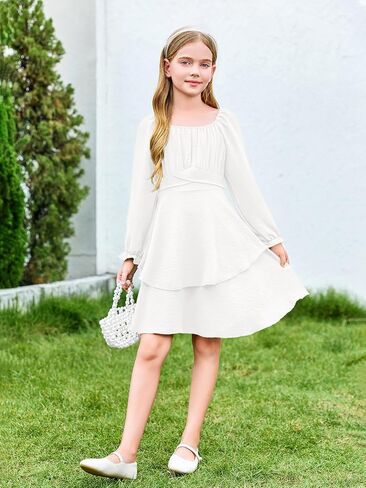 Haloumoning Girls Fall Dress Long Sleeve Off Shoulder Puff Sleeve Ruffle Tiered Layer Party Dresses 7-14 Years in Saudi Arabia