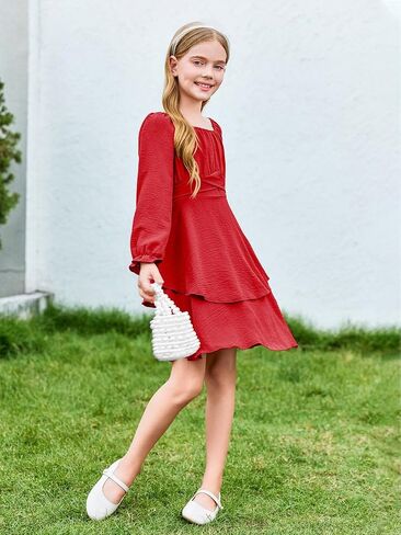 Haloumoning Girls Fall Dress Long Sleeve Off Shoulder Puff Sleeve Ruffle Tiered Layer Party Dresses 7-14 Years in Saudi Arabia