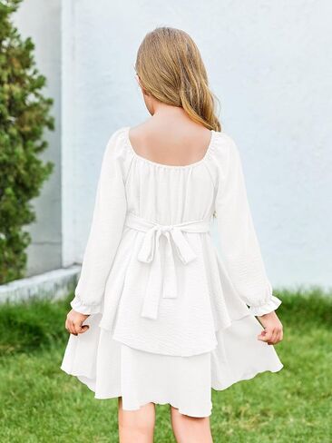 Haloumoning Girls Fall Dress Long Sleeve Off Shoulder Puff Sleeve Ruffle Tiered Layer Party Dresses 7-14 Years in Saudi Arabia