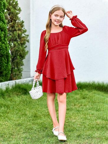 Haloumoning Girls Fall Dress Long Sleeve Off Shoulder Puff Sleeve Ruffle Tiered Layer Party Dresses 7-14 Years in Saudi Arabia