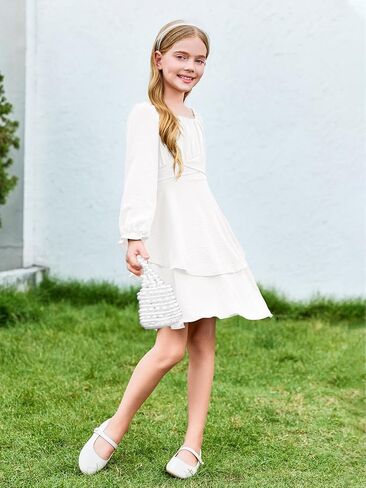 Haloumoning Girls Fall Dress Long Sleeve Off Shoulder Puff Sleeve Ruffle Tiered Layer Party Dresses 7-14 Years in Saudi Arabia