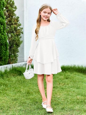 Haloumoning Girls Fall Dress Long Sleeve Off Shoulder Puff Sleeve Ruffle Tiered Layer Party Dresses 7-14 Years in Saudi Arabia