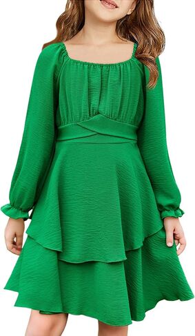 Haloumoning Girls Fall Dress Long Sleeve Off Shoulder Puff Sleeve Ruffle Tiered Layer Party Dresses 7-14 Years in Kuwait