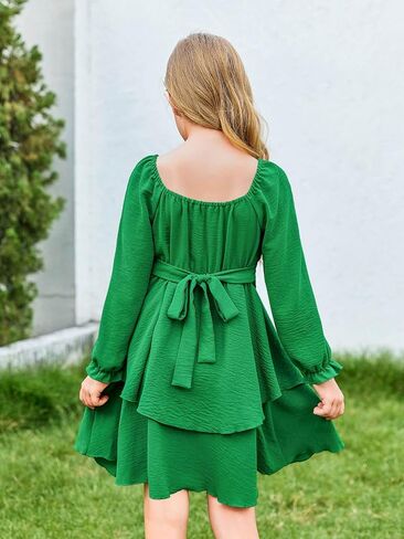 Haloumoning Girls Fall Dress Long Sleeve Off Shoulder Puff Sleeve Ruffle Tiered Layer Party Dresses 7-14 Years in Kuwait