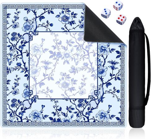 Chinoiserie Mahjong Mat with 3 Dice and 1 Carrying Bag 31.5" x 31.5" Blue and White Rubber Anti Slip and Noise Reduction Multi Purpose Game Table Cover for Mah Jongg, Card, Board Tile Games in Saudi Arabia