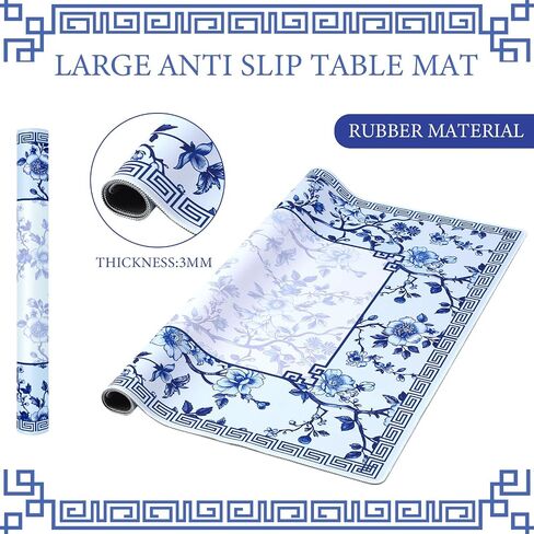 Chinoiserie Mahjong Mat with 3 Dice and 1 Carrying Bag 31.5" x 31.5" Blue and White Rubber Anti Slip and Noise Reduction Multi Purpose Game Table Cover for Mah Jongg, Card, Board Tile Games in Saudi Arabia