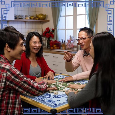 Chinoiserie Mahjong Mat with 3 Dice and 1 Carrying Bag 31.5" x 31.5" Blue and White Rubber Anti Slip and Noise Reduction Multi Purpose Game Table Cover for Mah Jongg, Card, Board Tile Games in Saudi Arabia