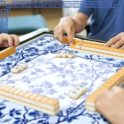 Chinoiserie Mahjong Mat with 3 Dice and 1 Carrying Bag 31.5" x 31.5" Blue and White Rubber Anti Slip and Noise Reduction Multi Purpose Game Table Cover for Mah Jongg, Card, Board Tile Games in Saudi Arabia