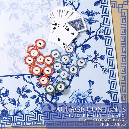 Chinoiserie Mahjong Mat with 3 Dice and 1 Carrying Bag 31.5" x 31.5" Blue and White Rubber Anti Slip and Noise Reduction Multi Purpose Game Table Cover for Mah Jongg, Card, Board Tile Games in Saudi Arabia