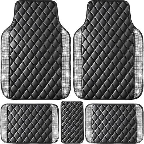 NBTEPEM Pink Bling Leather Car Floor Mats Full Set, Sparkly Diamond Car Mats Universal Fit Most Automotive, Glitter Rhinestone Carpet Waterproof Anti-Slip, 5 pcs Set (Pink Leather Diamond) in Kuwait