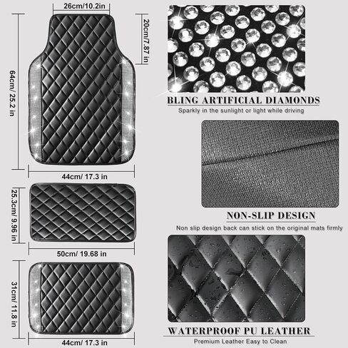 NBTEPEM Pink Bling Leather Car Floor Mats Full Set, Sparkly Diamond Car Mats Universal Fit Most Automotive, Glitter Rhinestone Carpet Waterproof Anti-Slip, 5 pcs Set (Pink Leather Diamond) in Kuwait