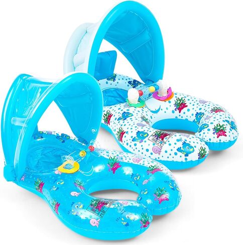 2 Pcs Mommy and Baby Parent Child Double Person Inflatable Float Inflatable Baby Float with Canopy Removable Infant Water Float Infant Swimming Ring for Baby and Mom Summer Pool Supplies in Saudi Arabia