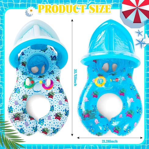2 Pcs Mommy and Baby Parent Child Double Person Inflatable Float Inflatable Baby Float with Canopy Removable Infant Water Float Infant Swimming Ring for Baby and Mom Summer Pool Supplies in Saudi Arabia