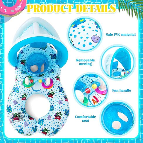 2 Pcs Mommy and Baby Parent Child Double Person Inflatable Float Inflatable Baby Float with Canopy Removable Infant Water Float Infant Swimming Ring for Baby and Mom Summer Pool Supplies in Saudi Arabia