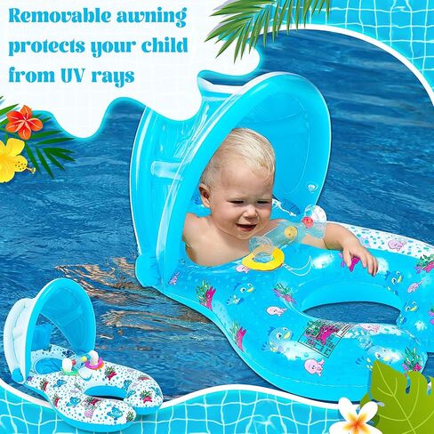 2 Pcs Mommy and Baby Parent Child Double Person Inflatable Float Inflatable Baby Float with Canopy Removable Infant Water Float Infant Swimming Ring for Baby and Mom Summer Pool Supplies in Saudi Arabia