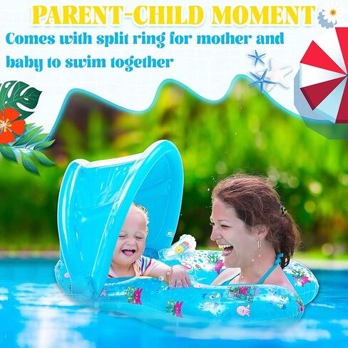2 Pcs Mommy and Baby Parent Child Double Person Inflatable Float Inflatable Baby Float with Canopy Removable Infant Water Float Infant Swimming Ring for Baby and Mom Summer Pool Supplies in Saudi Arabia