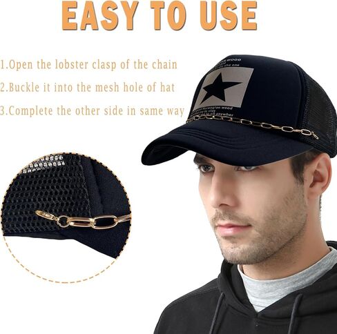 3PCS Trucket Hat Chains Metal Chains for Hat Bill Decoration Trucket Hat Charms DIY Mesh Baseball Cap Accessories in Kuwait