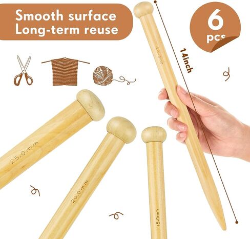 6 Pieces Large Knitting Needles Jumbo Straight Wooden Knitting Needles 3 Sizes Extra Large Knitting Needles for Chunky Yarn Beginner DIY Fabric Crafts Crochet 15mm 20mm 25mm (Natural) in Saudi Arabia