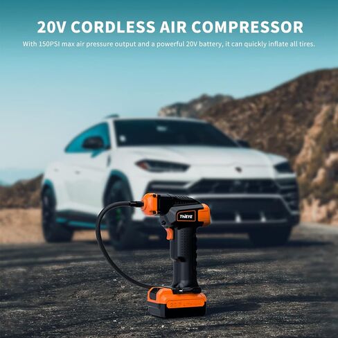 ThiEYE 20V Cordless Tire Inflator Portable Fast Air Compressor, 150PSI Car Tire Air Pump with 10000mAh Rechargeable Battery, 12V Car Power Adapter, Digital Pressure Gauge, LED Light, Auto-off Function in Saudi Arabia