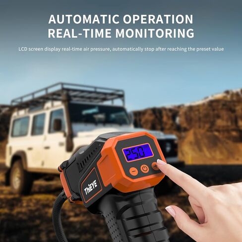 ThiEYE 20V Cordless Tire Inflator Portable Fast Air Compressor, 150PSI Car Tire Air Pump with 10000mAh Rechargeable Battery, 12V Car Power Adapter, Digital Pressure Gauge, LED Light, Auto-off Function in Saudi Arabia