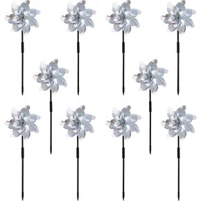 10 Pack Reflective Pinwheels with Plastic Stakes| 19.7 inch Pre-Assembled Sparkle Pin Wheel Set | Scare Off Birds and Animals Away | Decorative for Garden, Yard, Lawn