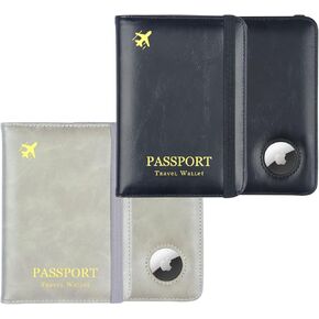 2 Pack Airtag Passport Holder,Passport Wallet with RFID Airtag Slot for Women Men, Family Leather Passport Protector Anti-Lost Travel Essentials (Black+Grey)