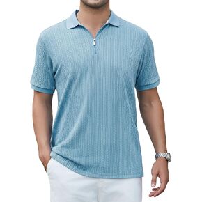 Esabel.C Men's Zipper Polo Shirts Textured Knit Short Sleeve Ribbed Stretchy Polo Shirts for Men