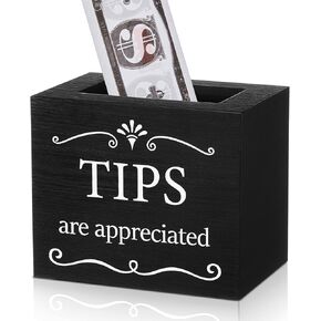 Vesici Wooden Tips Jar Tip Collection Box 6 x 4 x 5 Inch Donation Tip Bucket Money Storage Container Suggestion Box Raffle Cash Box for Bartender Restaurants Bars Musicians Driver Coin (Burnt Wood)