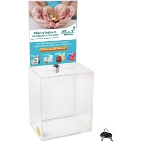 Extra Large Acrylic Charity Donation Ballot box Fundraising Coin collection Tip box 16" x 8" x 6" office Suggestion Box Piggy Bank with large 8.5" x 11" Display area with lock and keys