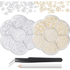 12000 Pcs Nails Art Flat Back Pearls Kits, 1 Box of Beige Half Round Pearls and 1 Box of White Flat-Back Pearls with Pickup Pencil and Tweezer for Home DIY Nail Art, Face Makeup, Craft and Salon Use