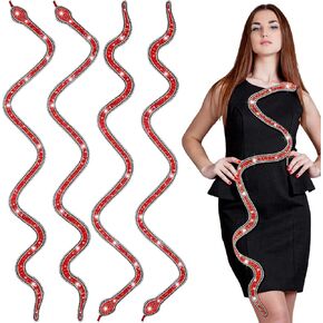 Riceshoot 4 Pcs 38'' Large Snake Shaped Rhinestones Trim Ribbon Red Snake Shaped Patches Red Sequin Rhinestones Applique Glitter Snake Patch for Halloween Outfit Bags DIY Clothing Accessories