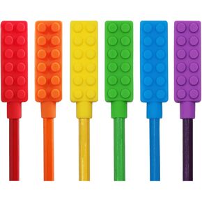 Chewable Pencil Toppers for Sensory Kids Boys and Girls (6 Pack), Silicone Rainbow Chew Toys for Chewers with Special Oral Motor Needs, Chewing Brick Tools Fidget Stim Toy for Autism Children Student