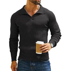 Men's Ribbed Knit Sweater Long Sleeve Johnny Collar Slim Fit Pullover Tops S-XXL