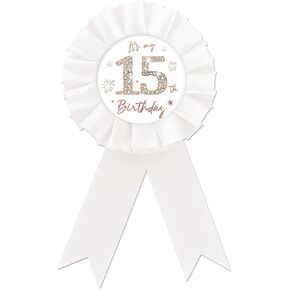 Happy 15th Birthday Tinplate Badge Pin, White Rosette It's My 15th Birthday Button Pin, Rose Gold Fifteen Years Old Birthday Badge Pin for Teen Girls, Diamond Brooch Buttons for Fifteen Birthday Party to Wear