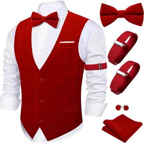 Barry.Wang Men's Velvet Vests Formal Waistcoat Bowtie Set Hanky Cufflink Armband Wedding Party Tuxedo Vest 6PCS