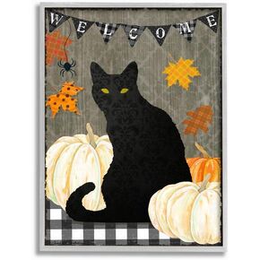 Stupell Industries Halloween Cat Welcome Sign Autumn Farmhouse Charm, Designed by Andrea Tachiera Wall Art, 11 x 14, Black Framed