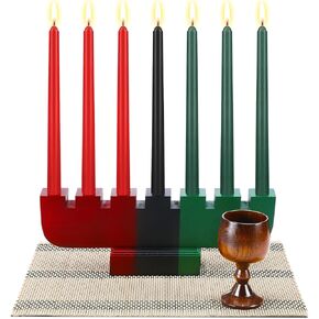 Zubebe 10 Pcs Kwanzaa Kinara Set 3 Red 3 Green 1 Black Kwanzaa Candle Set Kwanzaa Kinara Bamboo Table Mat Kwanzaa Candle Holder Wooden Wine Goblet for Kwanzaa Celebration Decoration (Red Green Black)