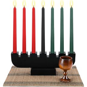 Zubebe 10 Pcs Kwanzaa Kinara Set 3 Red 3 Green 1 Black Kwanzaa Candle Set Kwanzaa Kinara Bamboo Table Mat Kwanzaa Candle Holder Wooden Wine Goblet for Kwanzaa Celebration Decoration (Red Green Black)